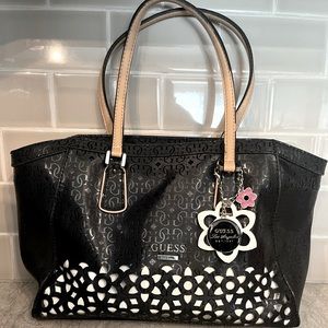 Guess Shoulder Bag. Black with White floral Cutouts